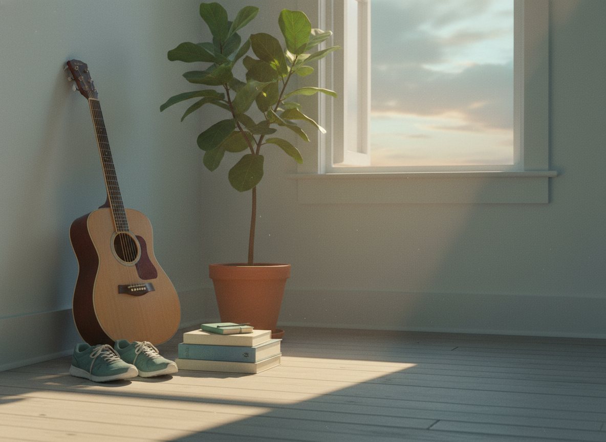 A bright airy room in morning light with a guitar, running shoes, books, and a leafy plant by an open window — symbols of a balanced life.