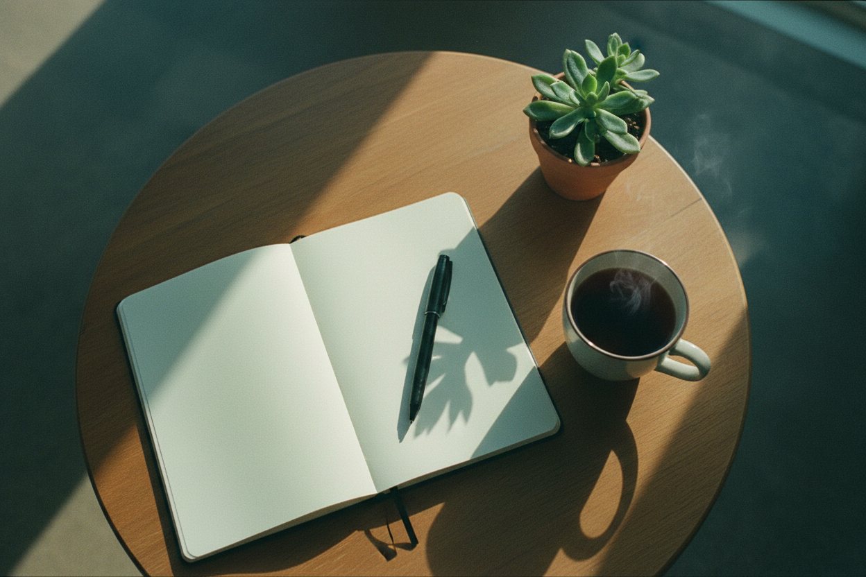 An open blank notebook and pen beside a warm mug of tea on a sunlit table — a calm, reflective moment.