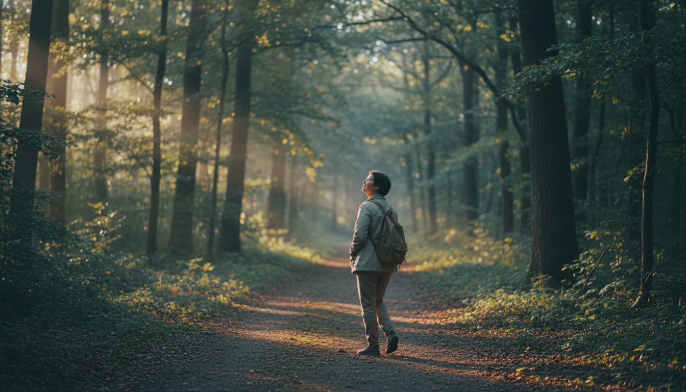 A person walking calmly along a sunlit tree-lined trail in soft golden morning light.
