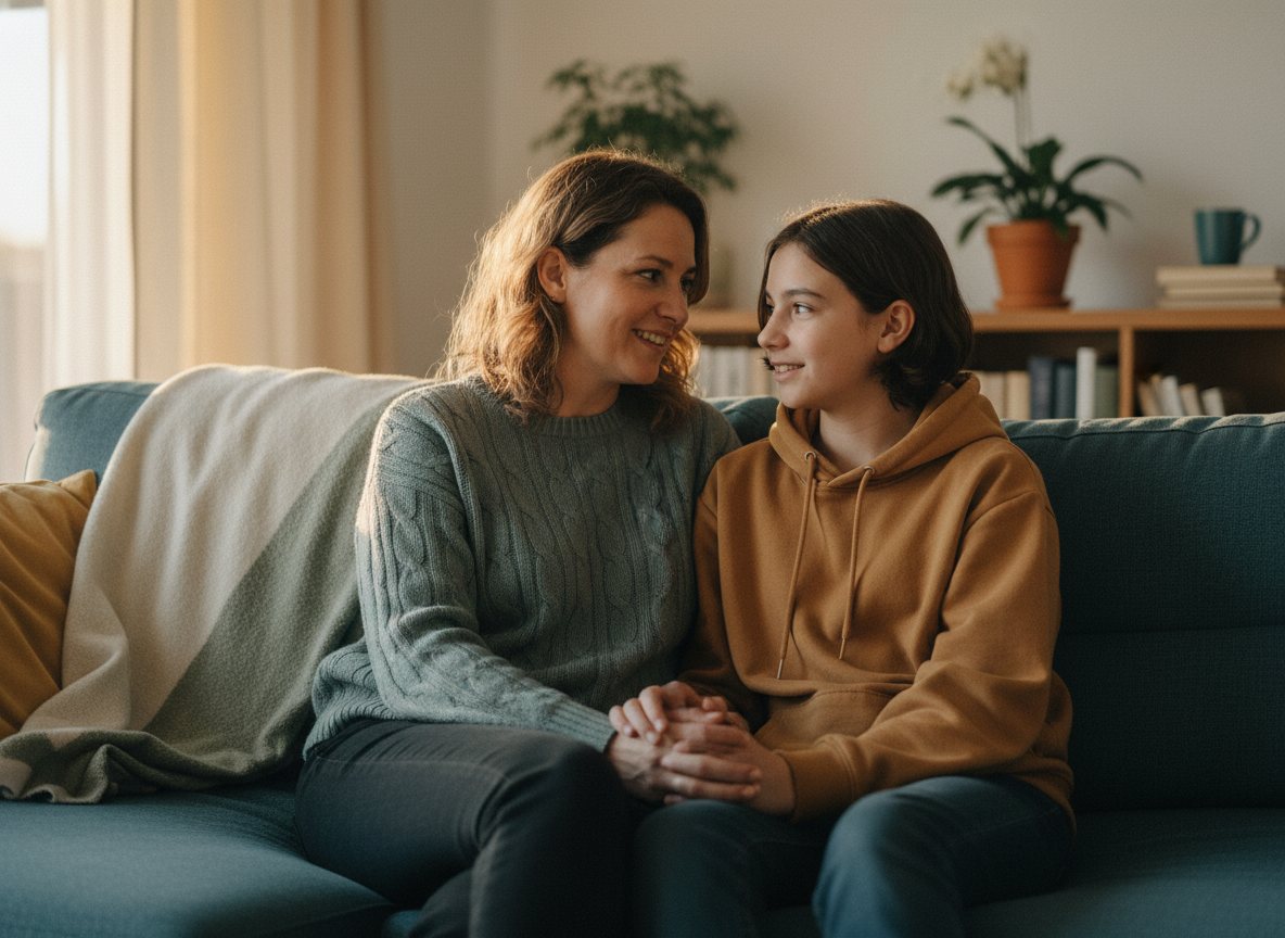 A parent and teenager sitting together on a couch in warm daylight, talking and listening to each other.