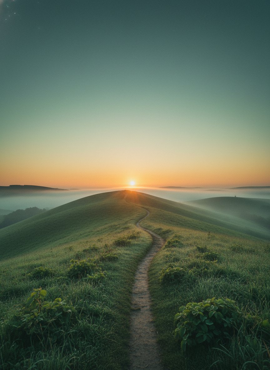 A quiet path leading toward a soft sunrise over gentle hills in warm morning light.
