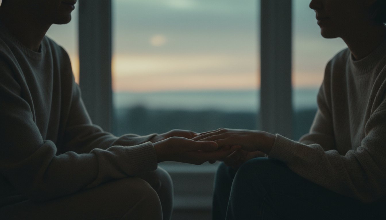 Two people sitting together in warm light, one offering a supportive open hand to the other.